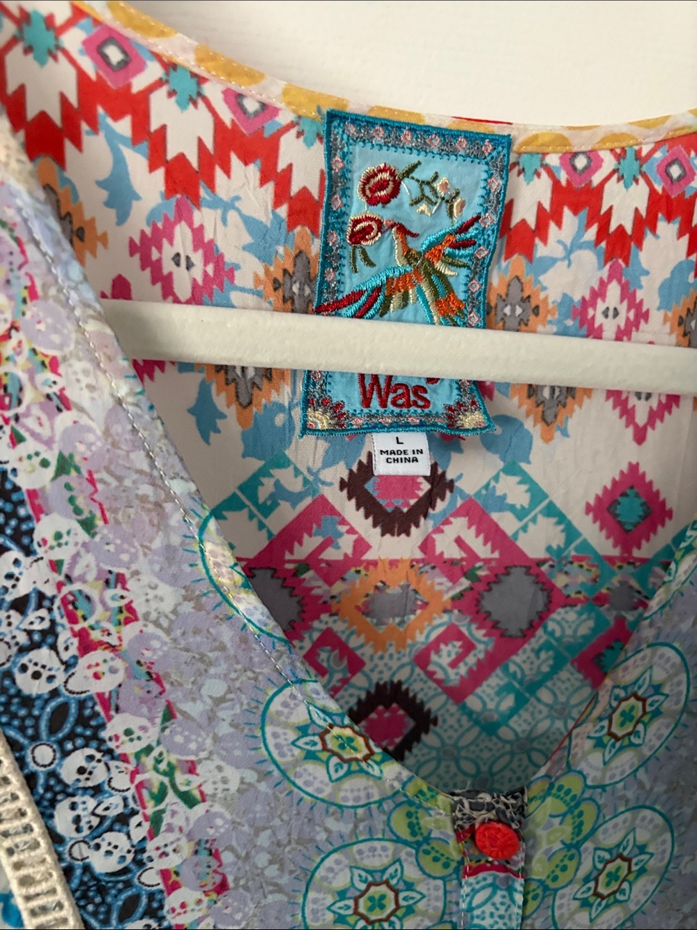 Johnny Was Multicolor Patchwork Boho Blouse - Blue, Pink, Yellow, Red - Picture 2 of 5